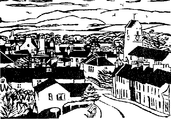 Linocut of village 15.2kb